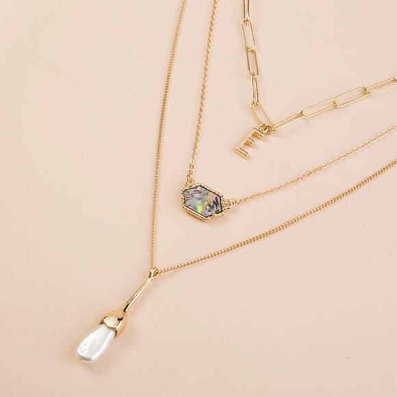 Fashion Multilayer Alloy Necklace with Iridescent & Pearl Drop Pendants - NWOT - Picture 2 of 6